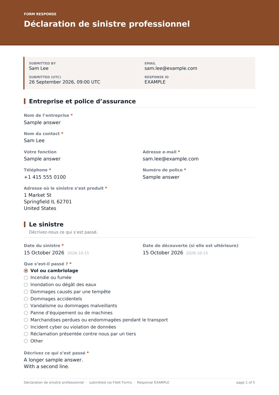 Déclaration de sinistre professionnel — exemple de réponse au format PDF, page 1 sur 5