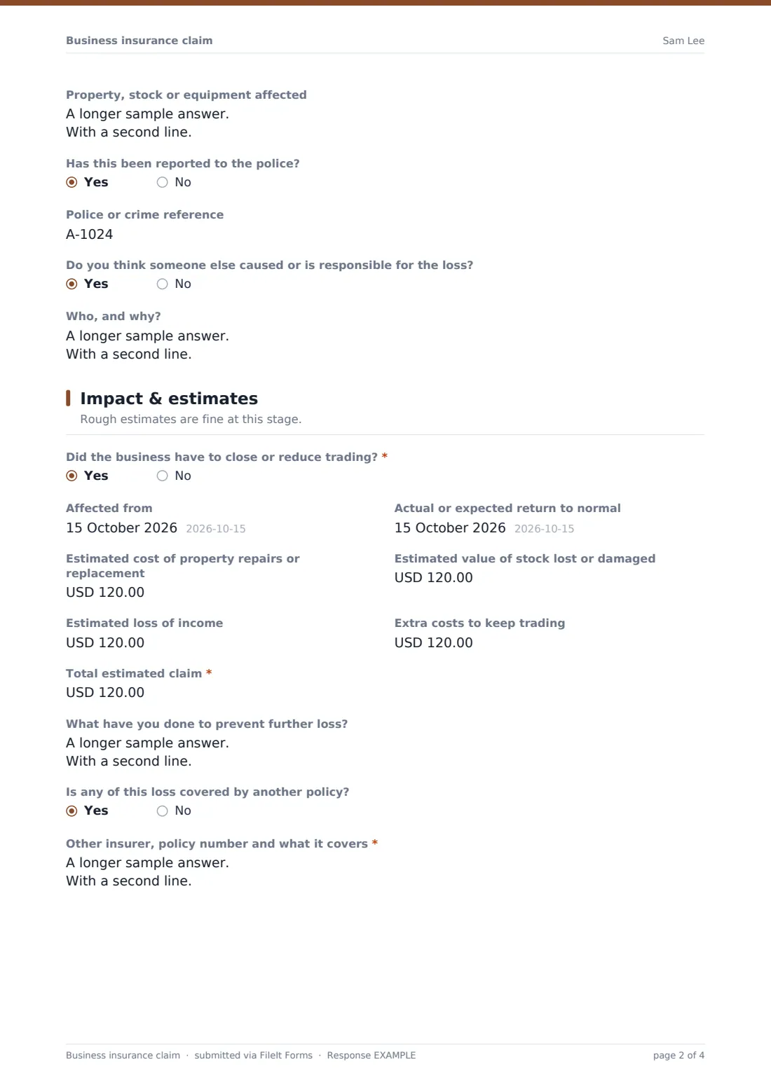 Business insurance claim — example response PDF, page 2 of 4