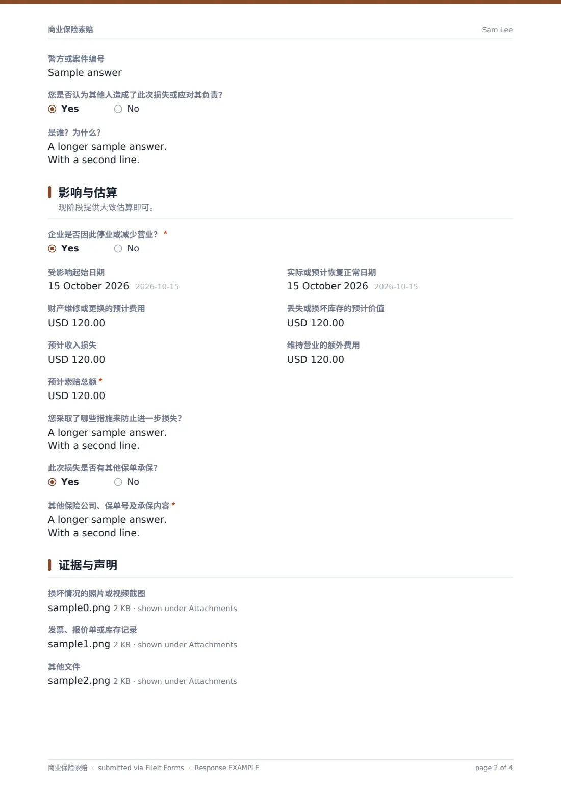 商业保险索赔 — 示例回复 PDF，第 2 页，共 4 页