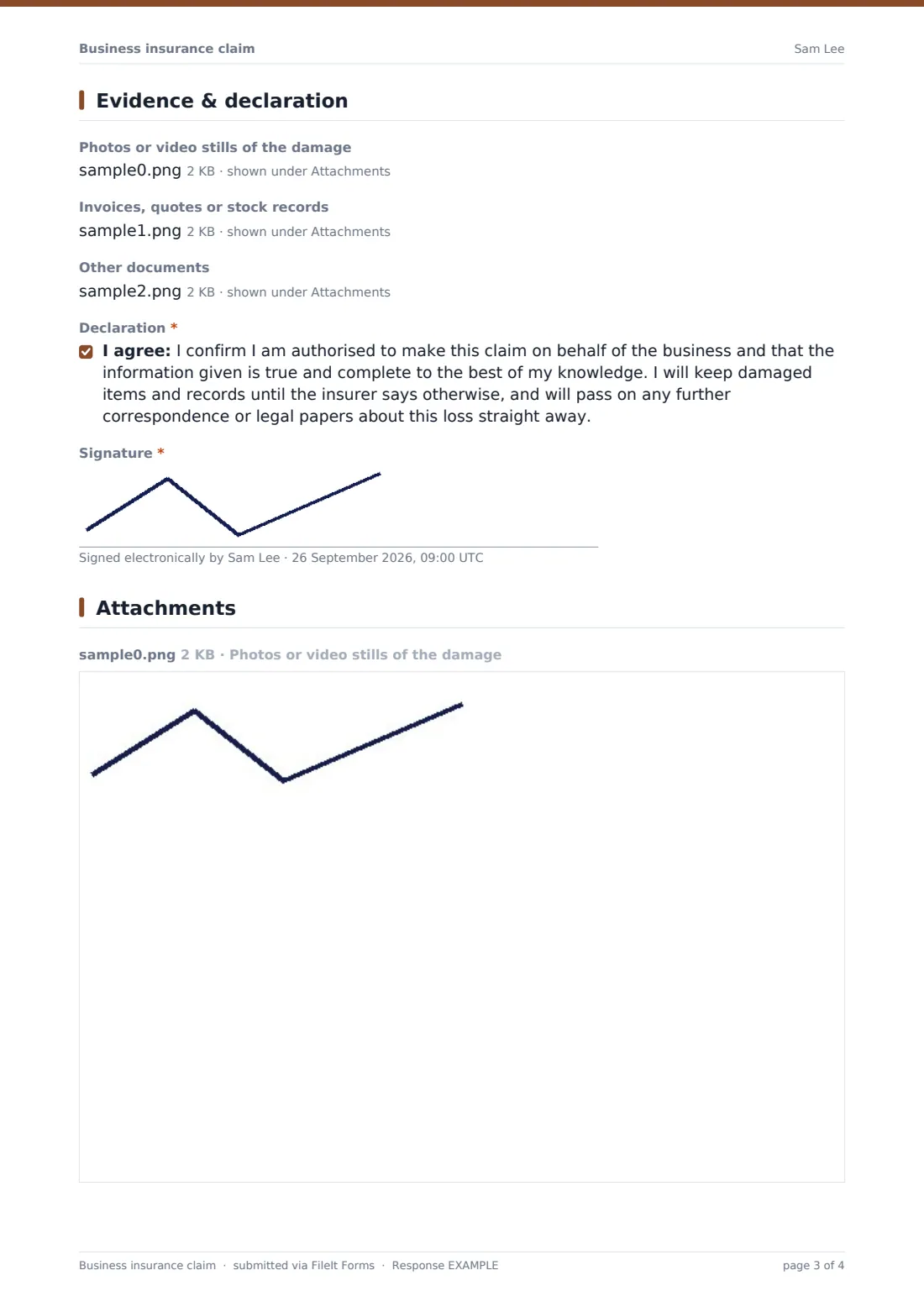 Business insurance claim — example response PDF, page 3 of 4