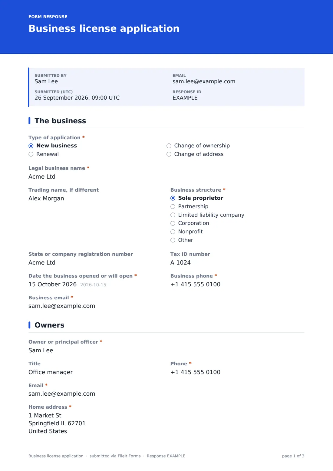 Business license application — example response PDF, page 1 of 3