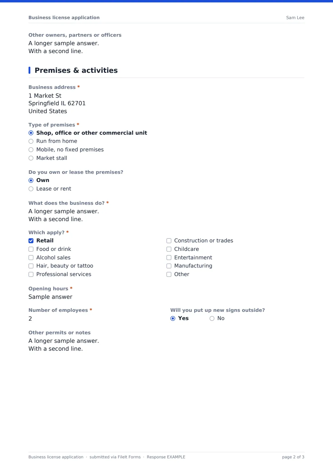 Business license application — example response PDF, page 2 of 3