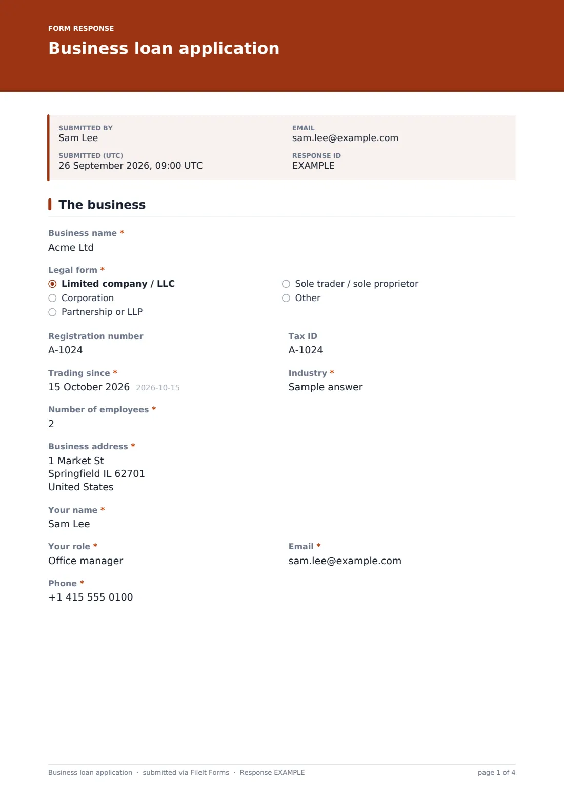 Business loan application — example response PDF, page 1 of 4