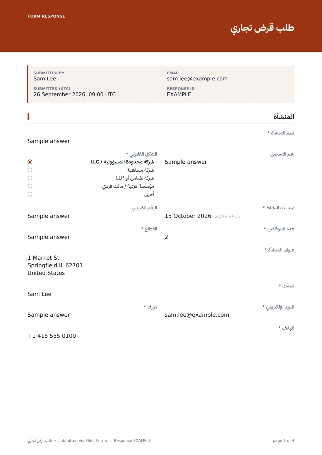 طلب قرض تجاري — ملف PDF لرد نموذجي، الصفحة 1 من 4