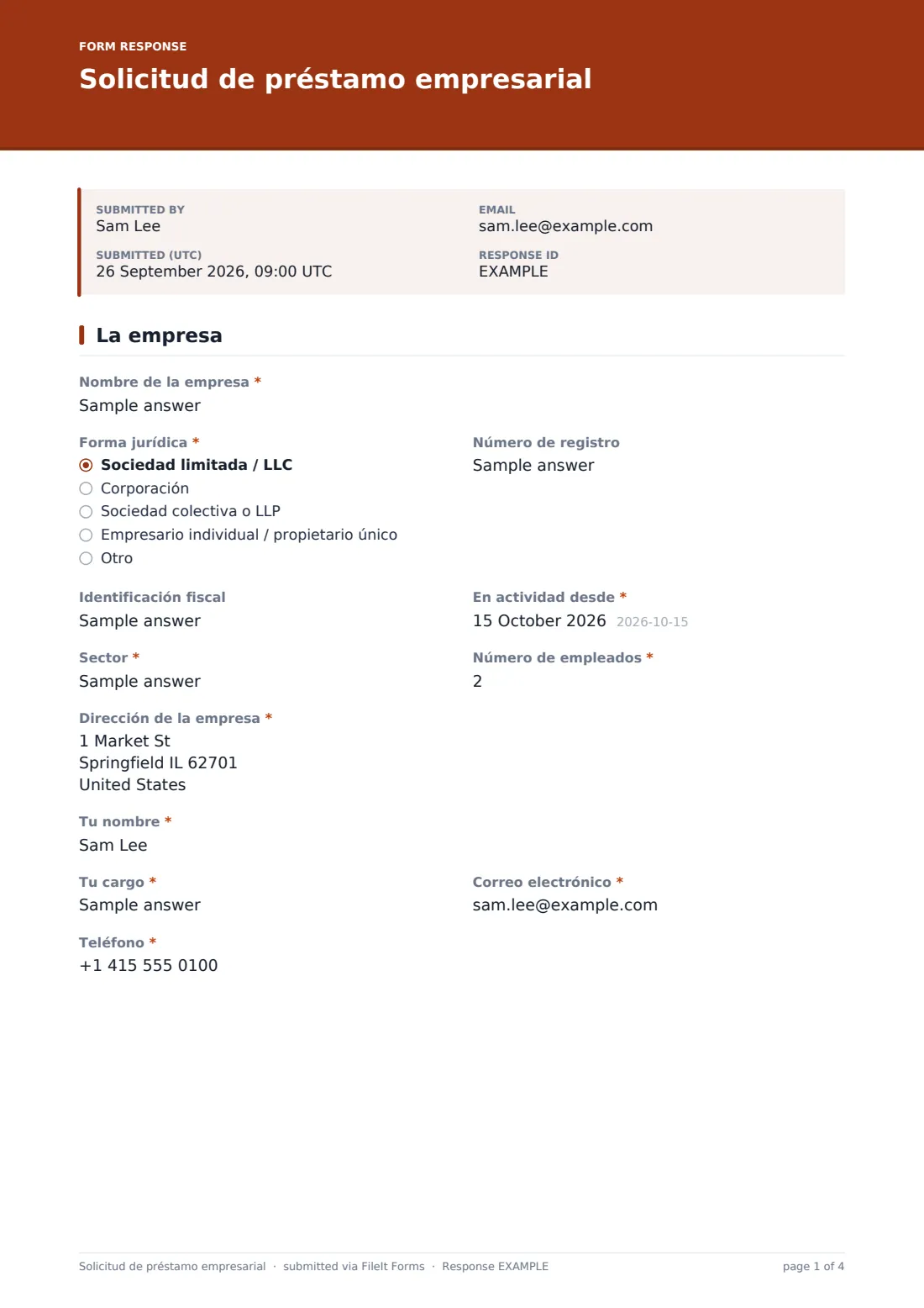 Solicitud de préstamo empresarial — PDF de respuesta de ejemplo, página 1 de 4