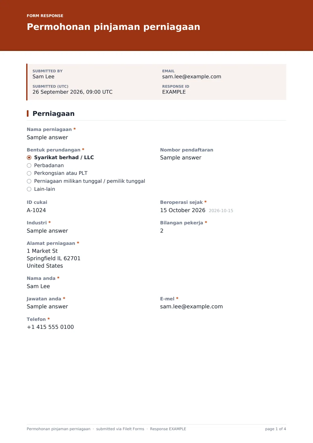Permohonan pinjaman perniagaan — PDF respons contoh, halaman 1 daripada 4