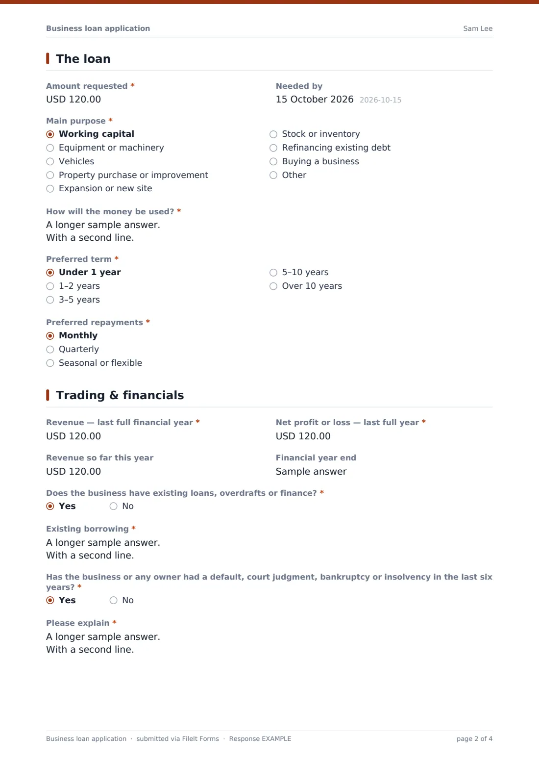 Business loan application — example response PDF, page 2 of 4