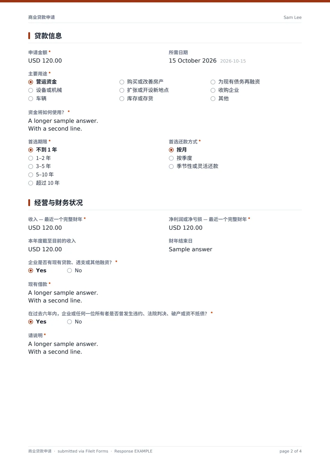 商业贷款申请 — 示例回复 PDF，第 2 页，共 4 页