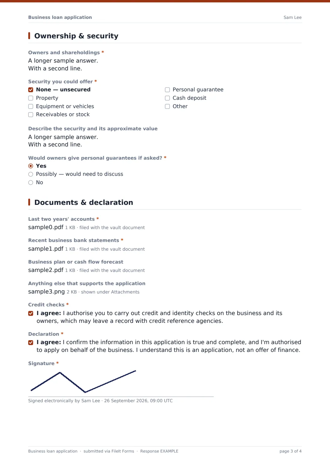 Business loan application — example response PDF, page 3 of 4