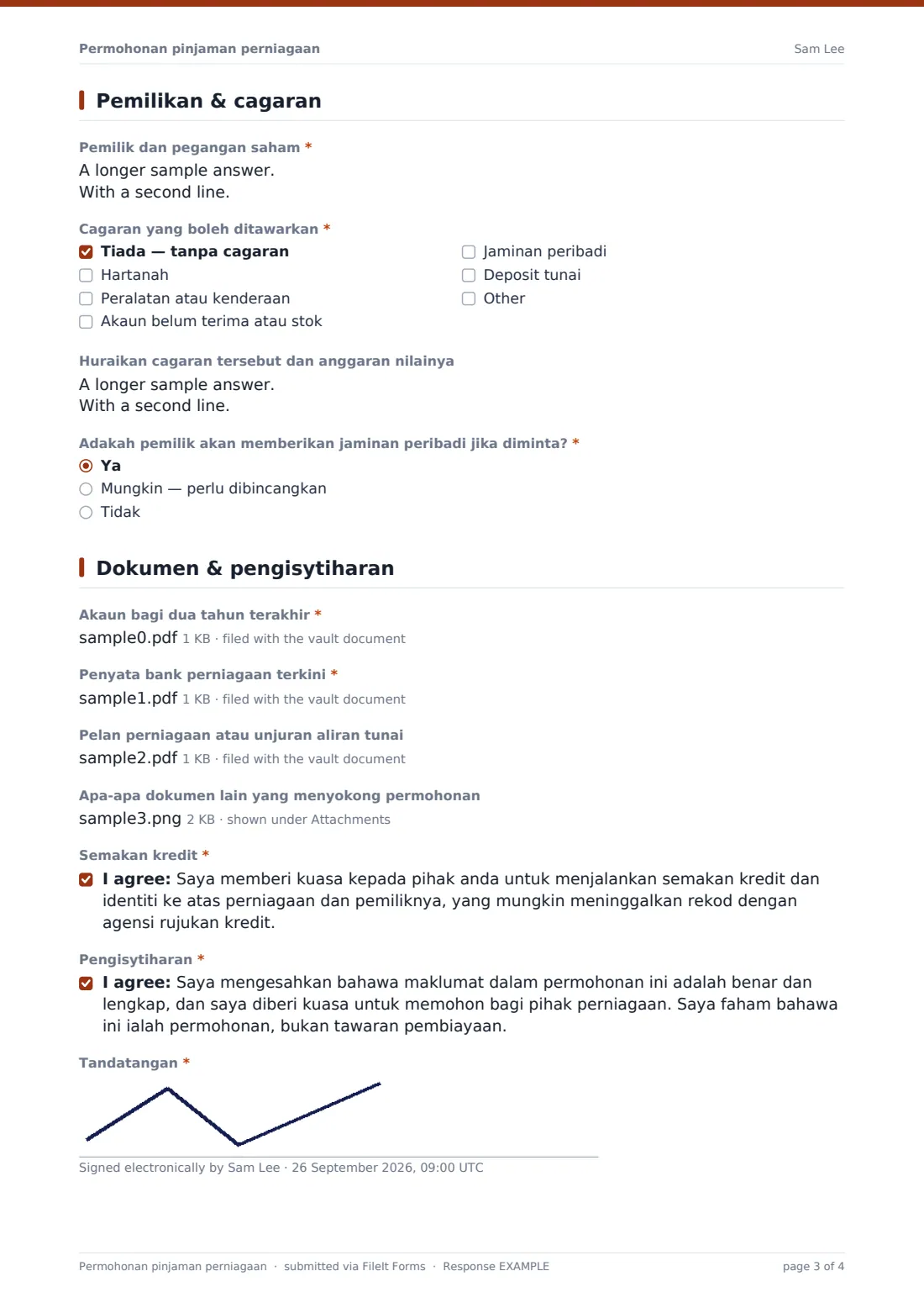 Permohonan pinjaman perniagaan — PDF respons contoh, halaman 3 daripada 4