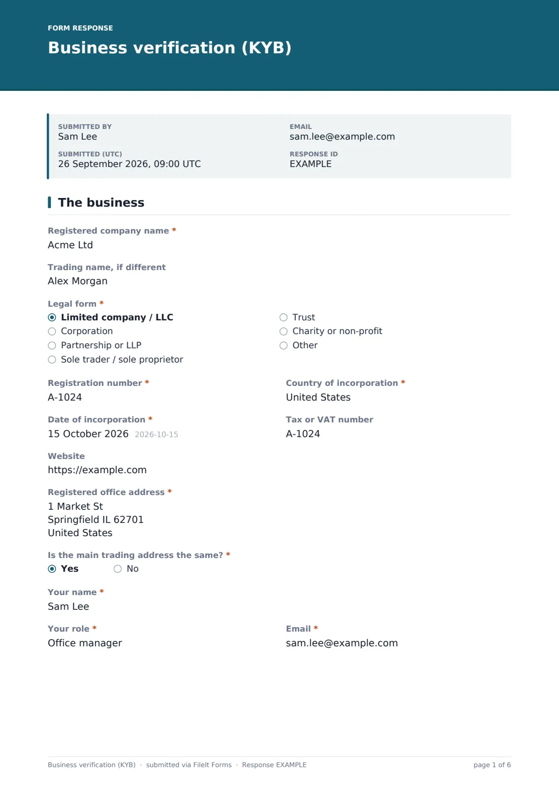 Business verification (KYB) — example response PDF, page 1 of 6