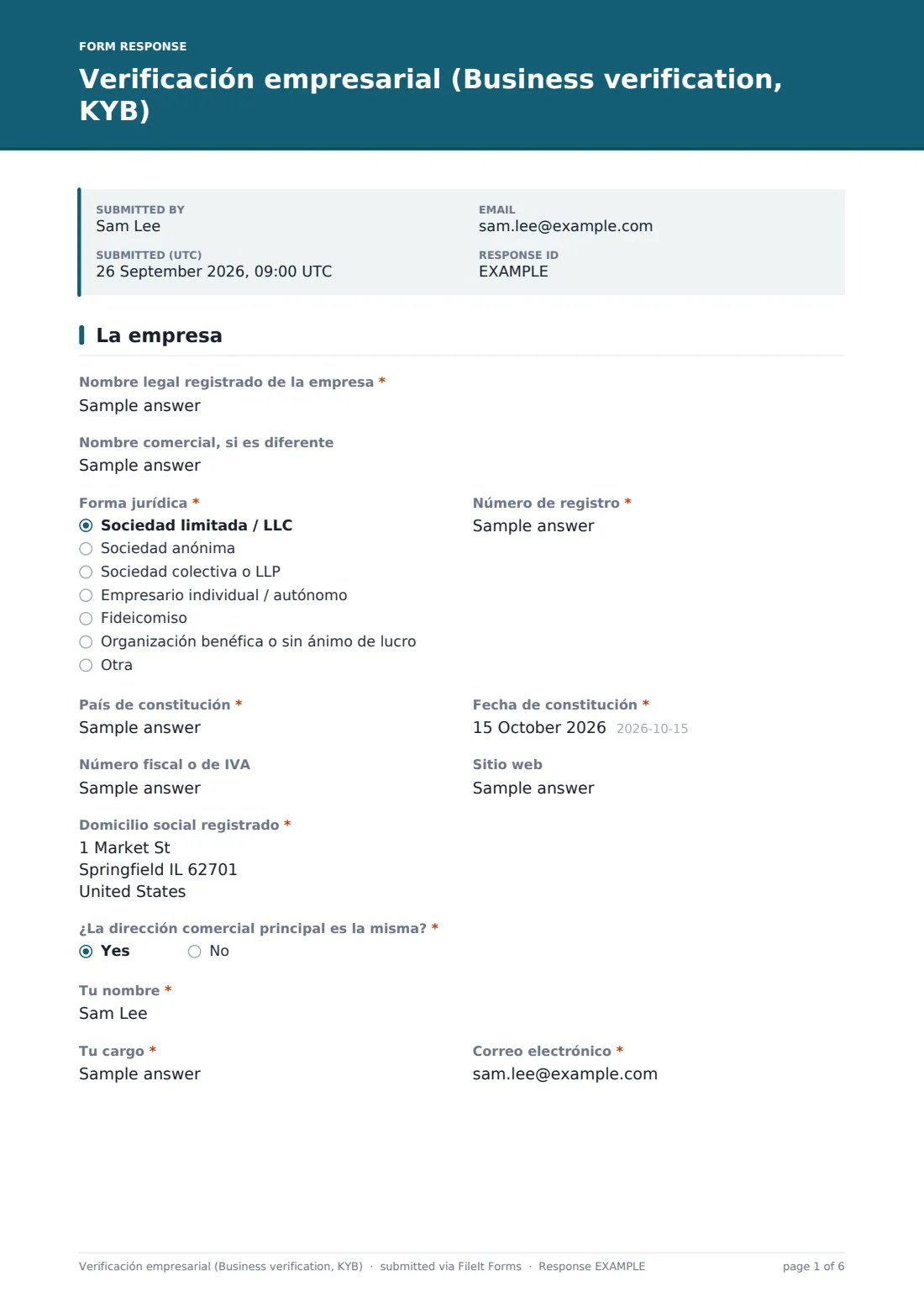 Verificación empresarial (Business verification, KYB) — PDF de respuesta de ejemplo, página 1 de 6