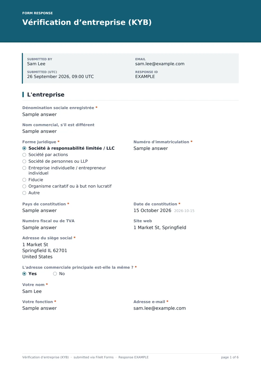 Vérification d’entreprise (KYB) — exemple de réponse au format PDF, page 1 sur 6