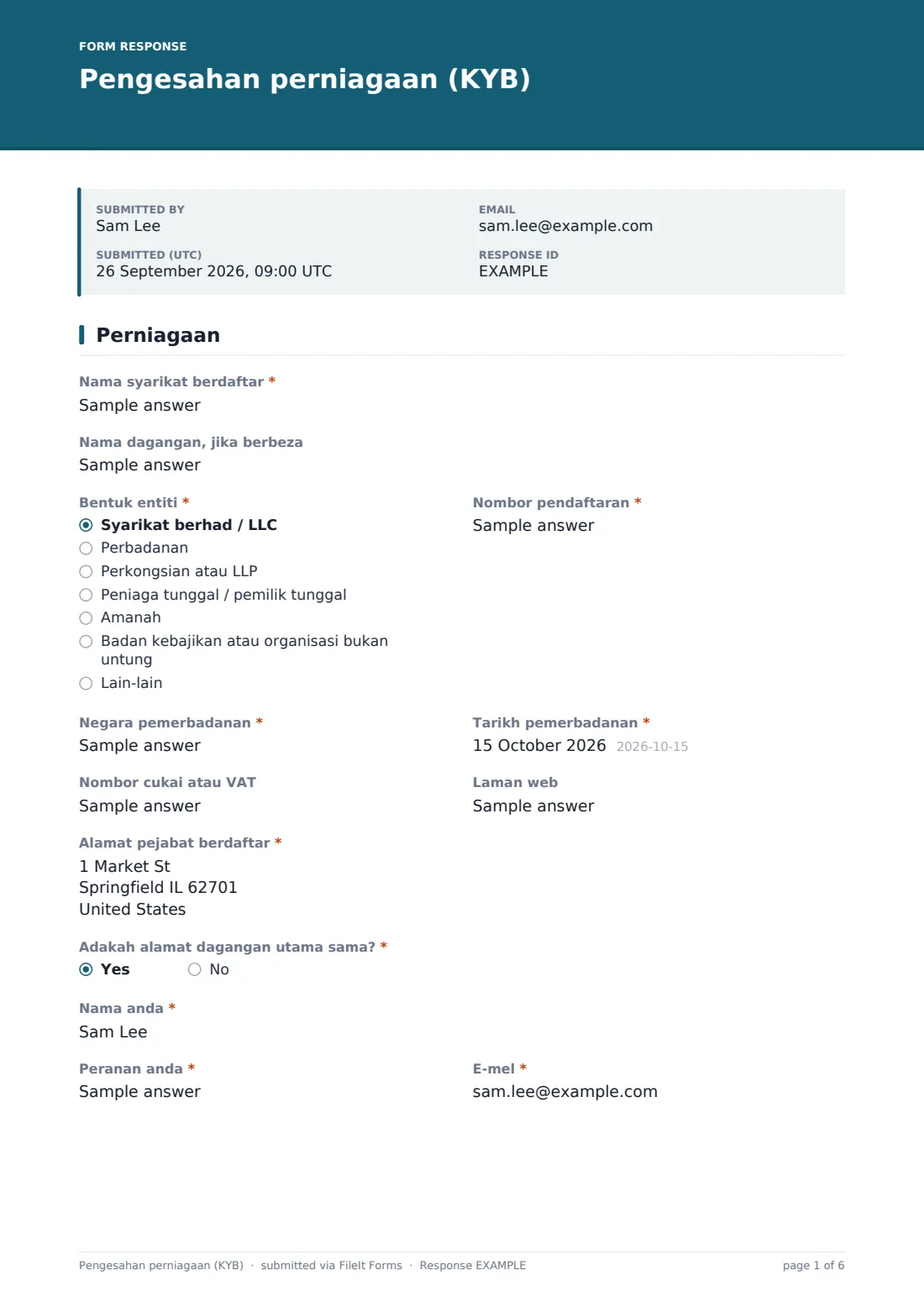Pengesahan perniagaan (KYB) — PDF respons contoh, halaman 1 daripada 6