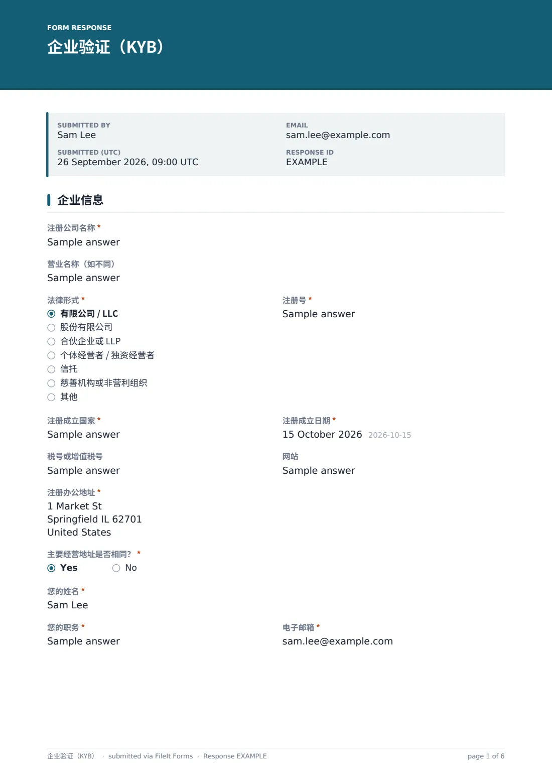 企业验证（KYB） — 示例回复 PDF，第 1 页，共 6 页