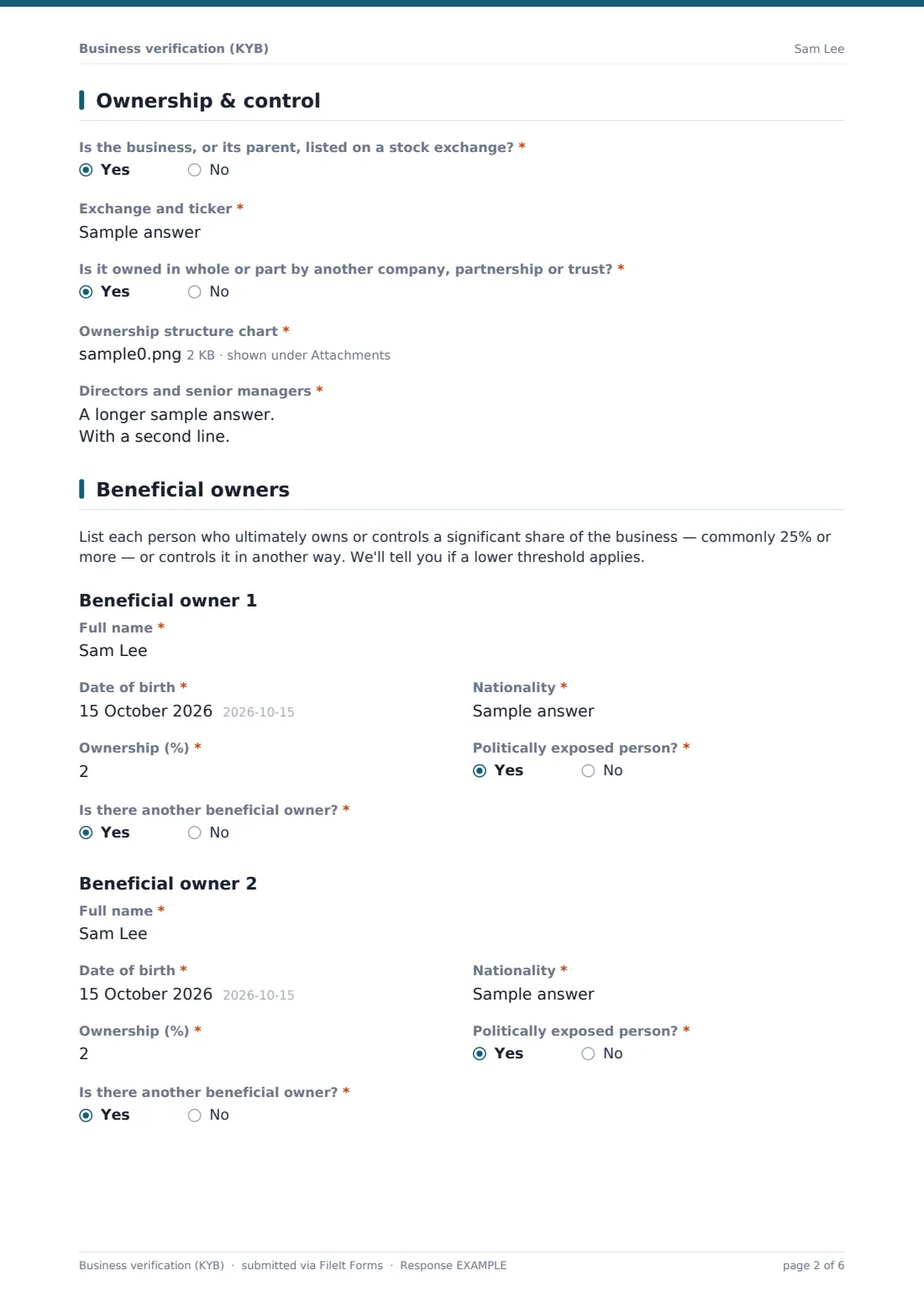 Business verification (KYB) — example response PDF, page 2 of 6