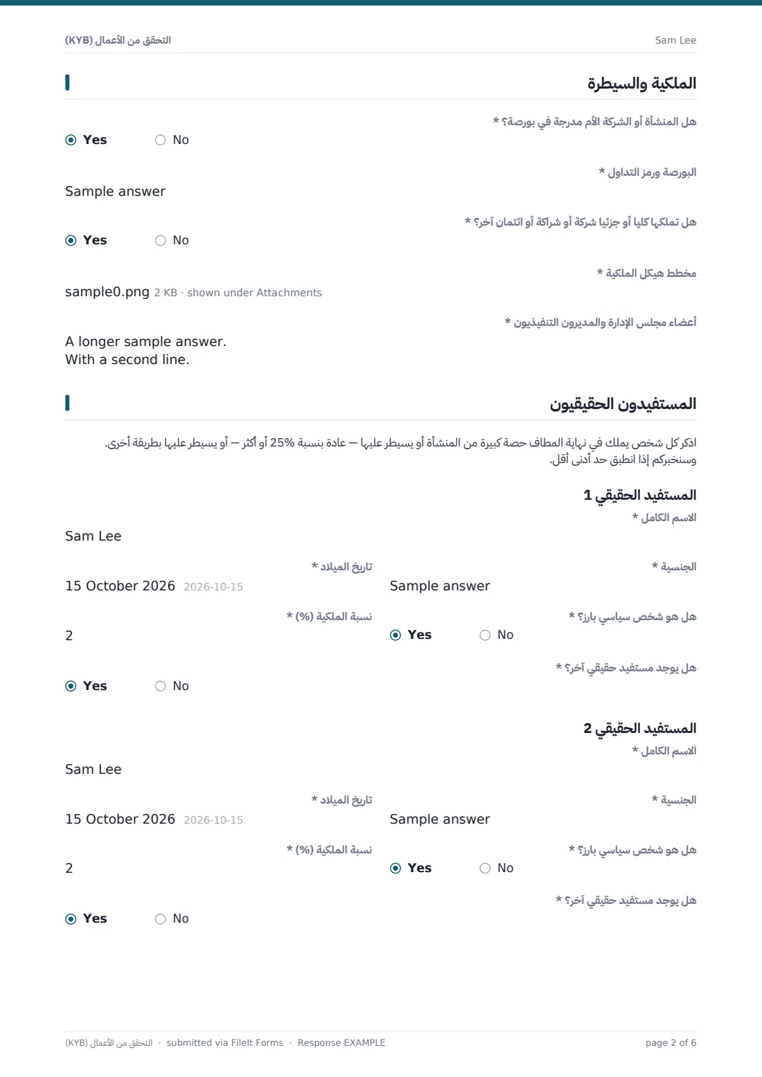 التحقق من الأعمال (KYB) — ملف PDF لرد نموذجي، الصفحة 2 من 6