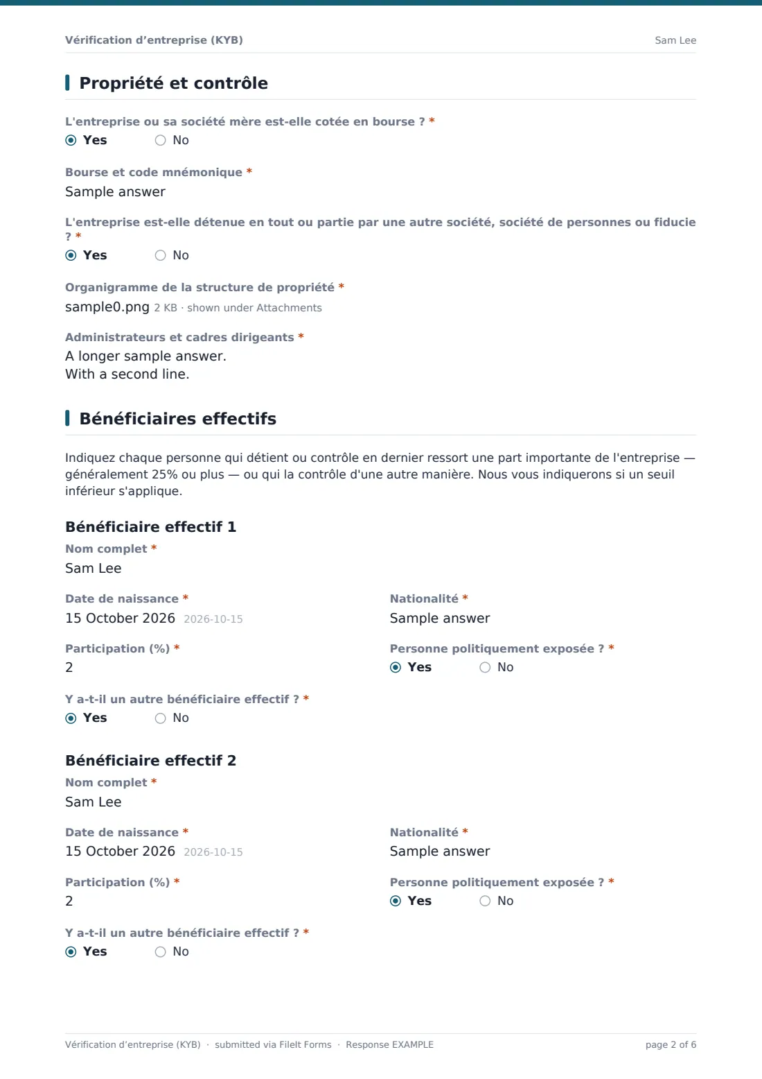 Vérification d’entreprise (KYB) — exemple de réponse au format PDF, page 2 sur 6