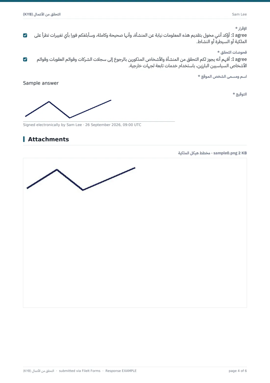 التحقق من الأعمال (KYB) — ملف PDF لرد نموذجي، الصفحة 4 من 6