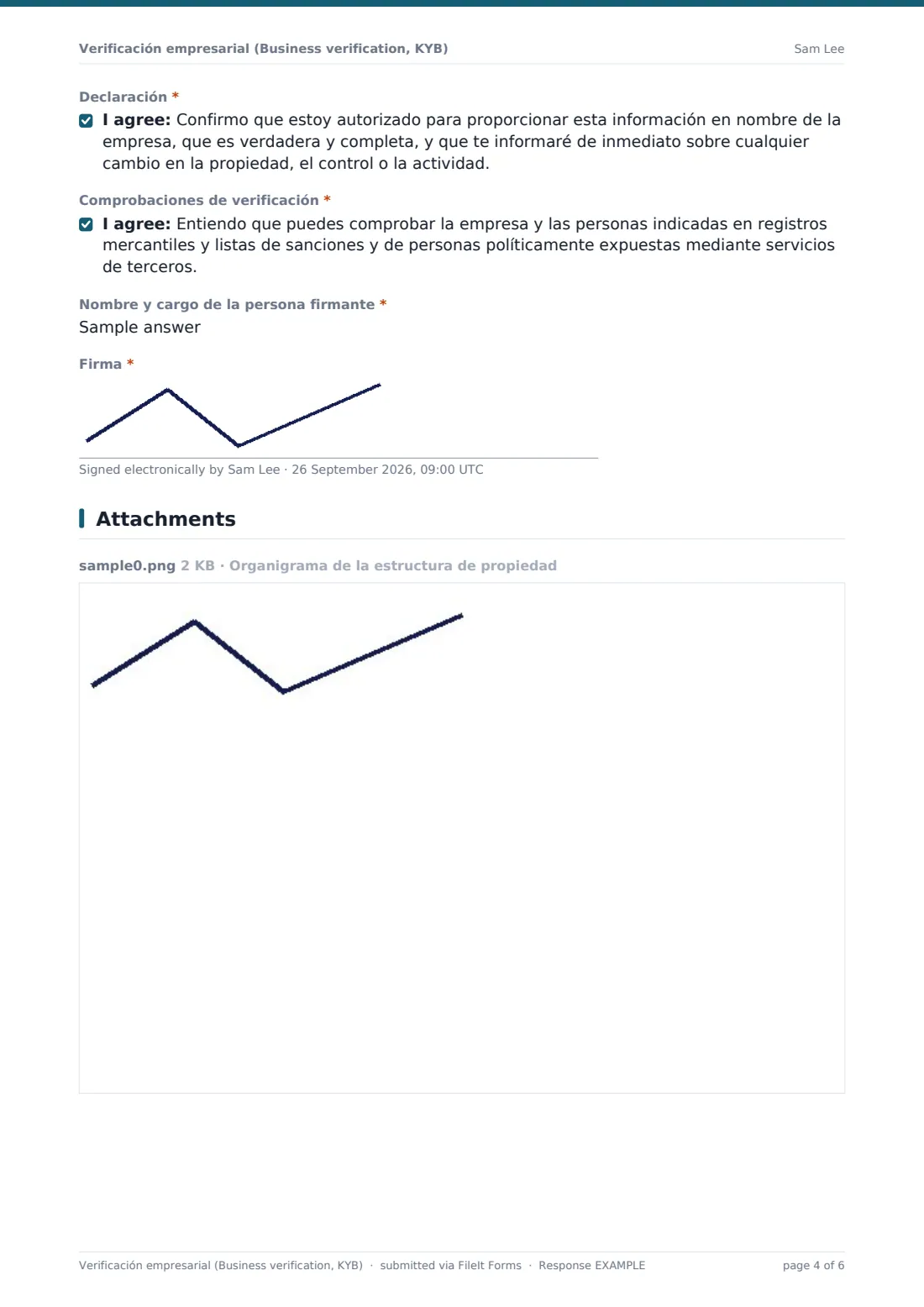 Verificación empresarial (Business verification, KYB) — PDF de respuesta de ejemplo, página 4 de 6