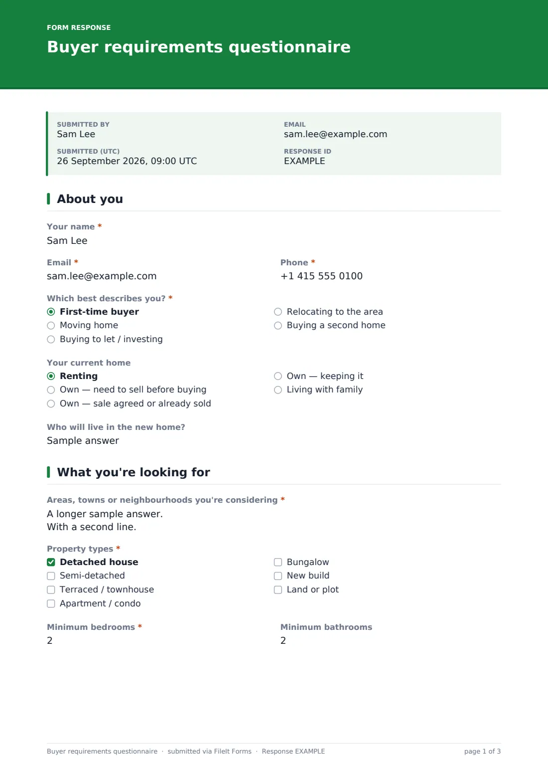 Buyer requirements questionnaire — example response PDF, page 1 of 3