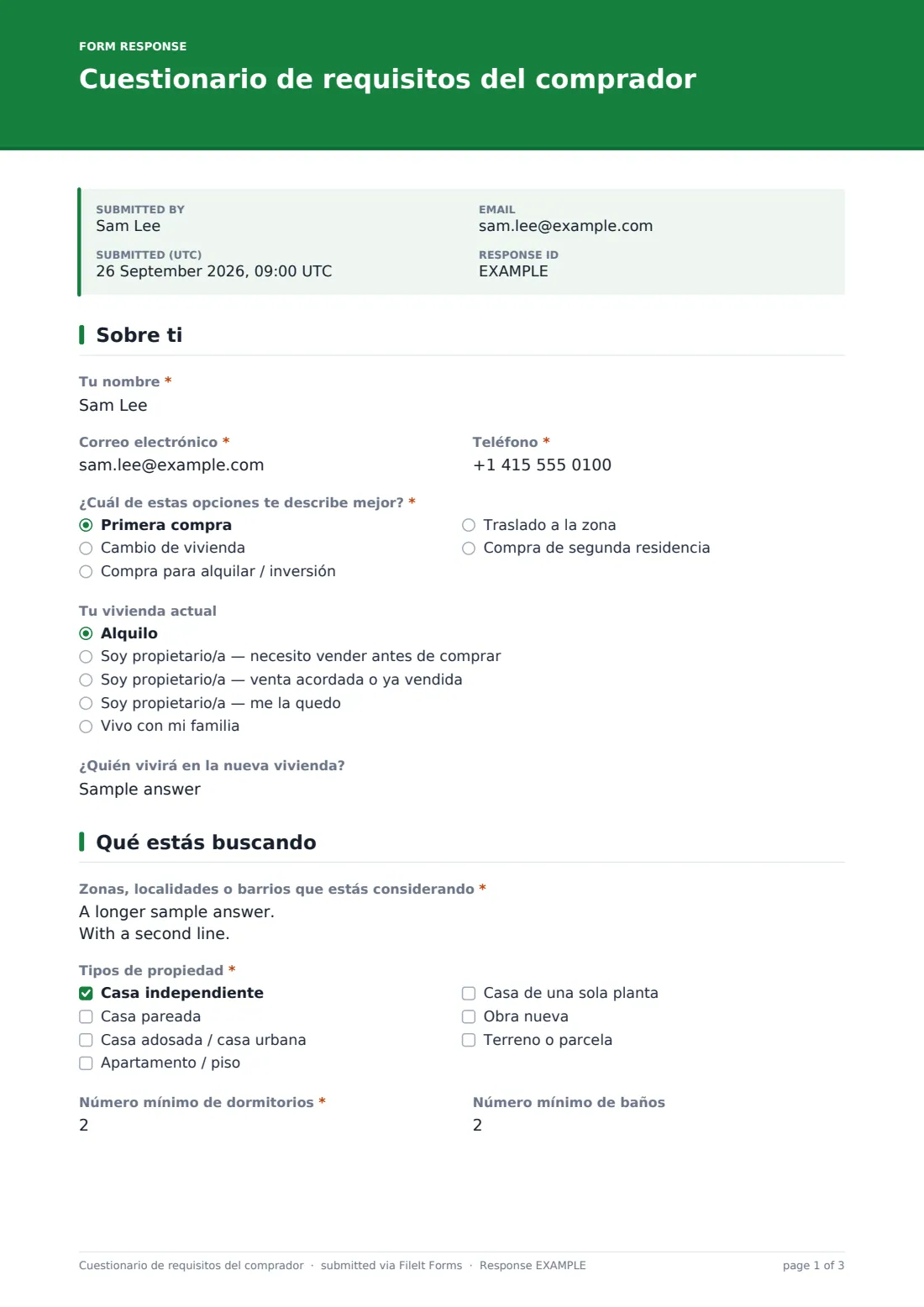 Cuestionario de requisitos del comprador — PDF de respuesta de ejemplo, página 1 de 3
