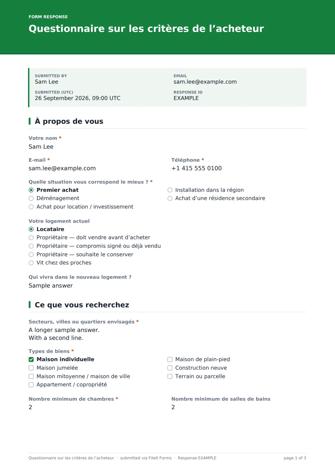 Questionnaire sur les critères de l’acheteur — exemple de réponse au format PDF, page 1 sur 3