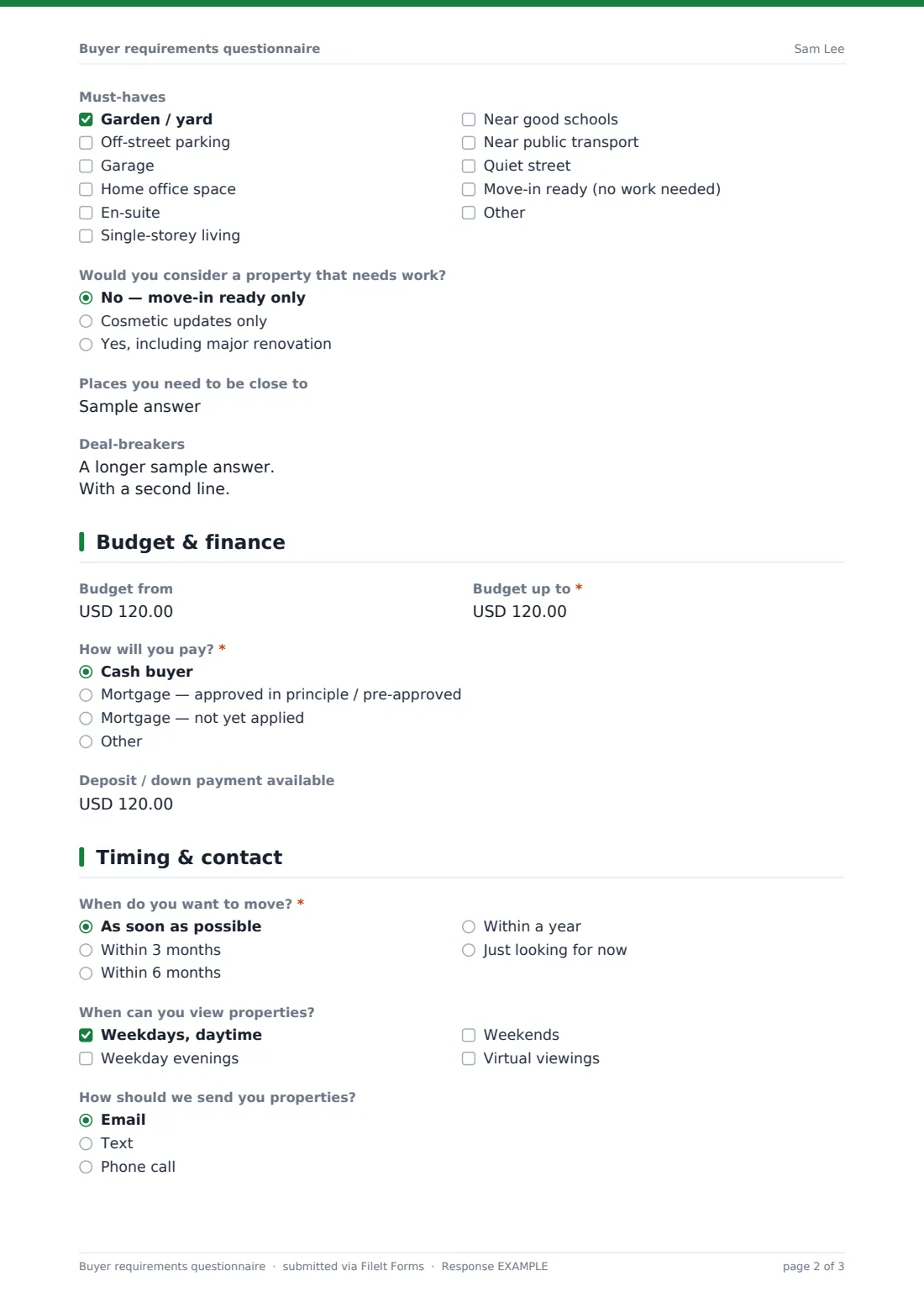 Buyer requirements questionnaire — example response PDF, page 2 of 3