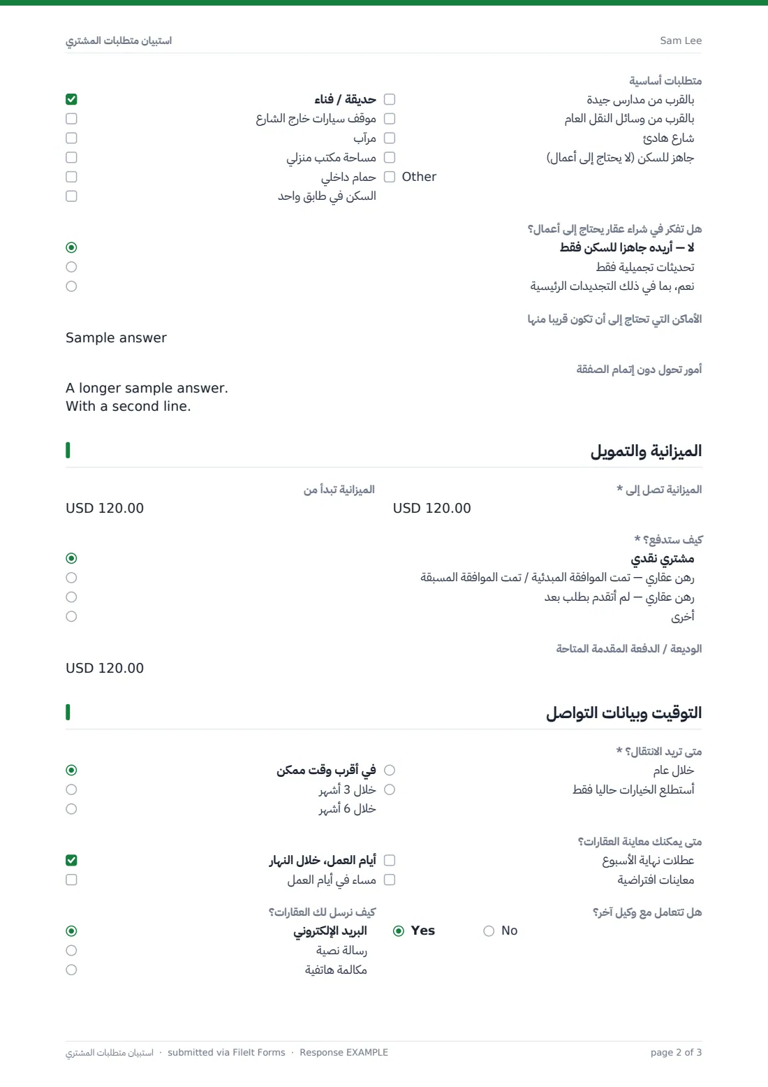 استبيان متطلبات المشتري — ملف PDF لرد نموذجي، الصفحة 2 من 3