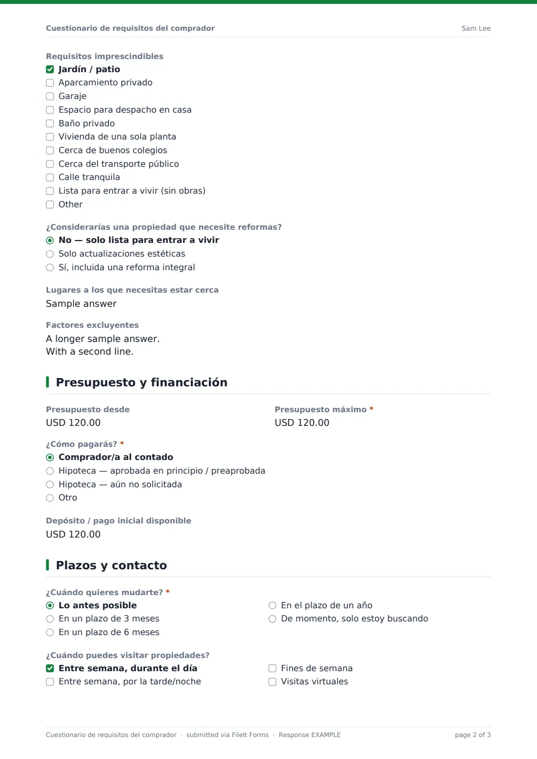 Cuestionario de requisitos del comprador — PDF de respuesta de ejemplo, página 2 de 3