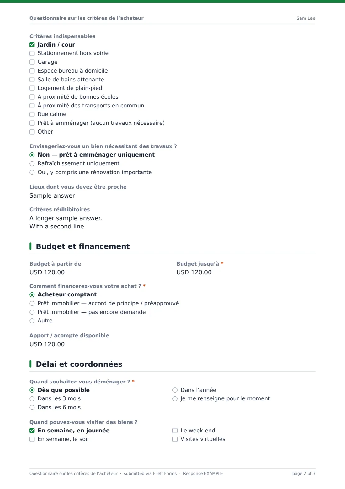 Questionnaire sur les critères de l’acheteur — exemple de réponse au format PDF, page 2 sur 3