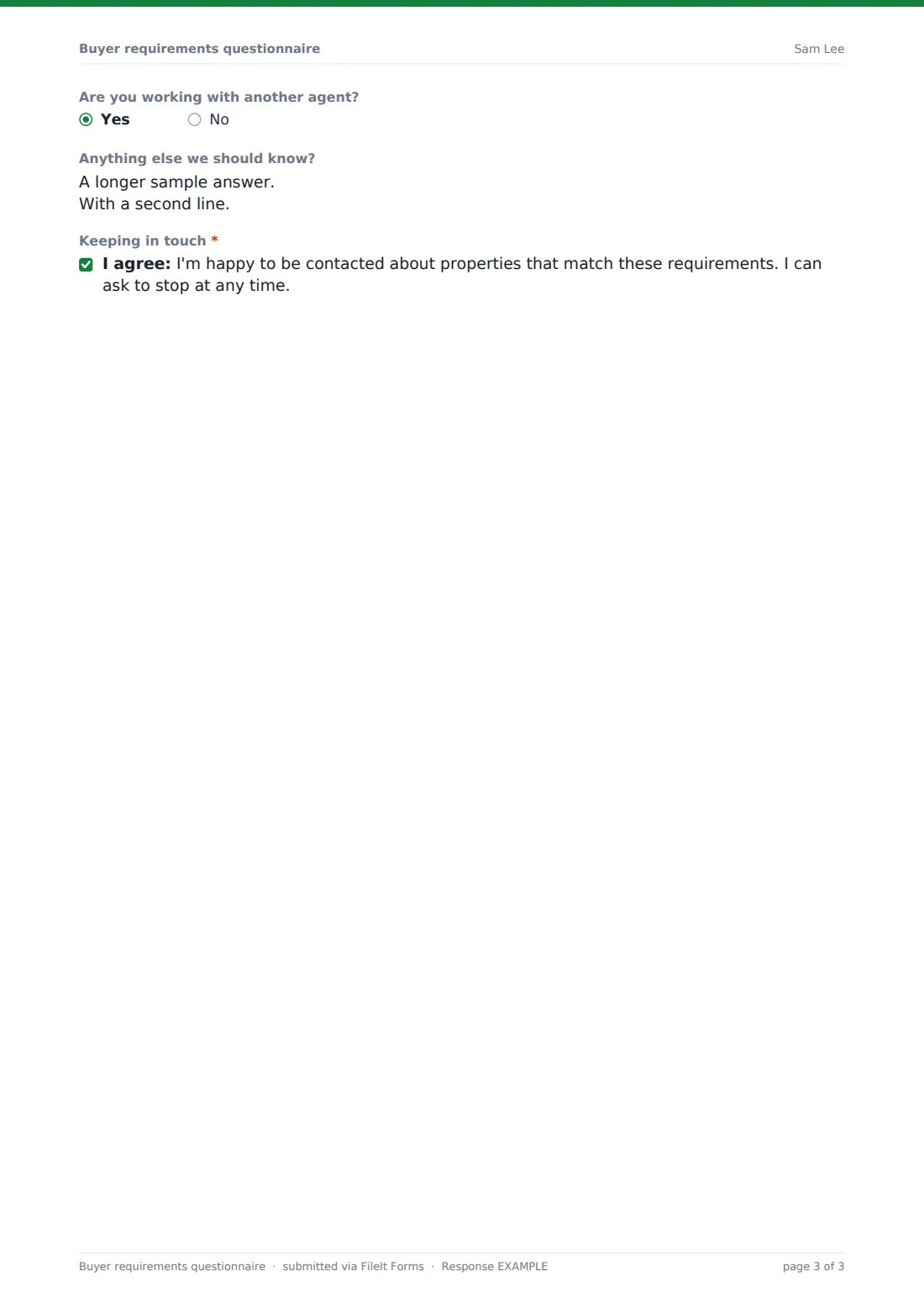 Buyer requirements questionnaire — example response PDF, page 3 of 3