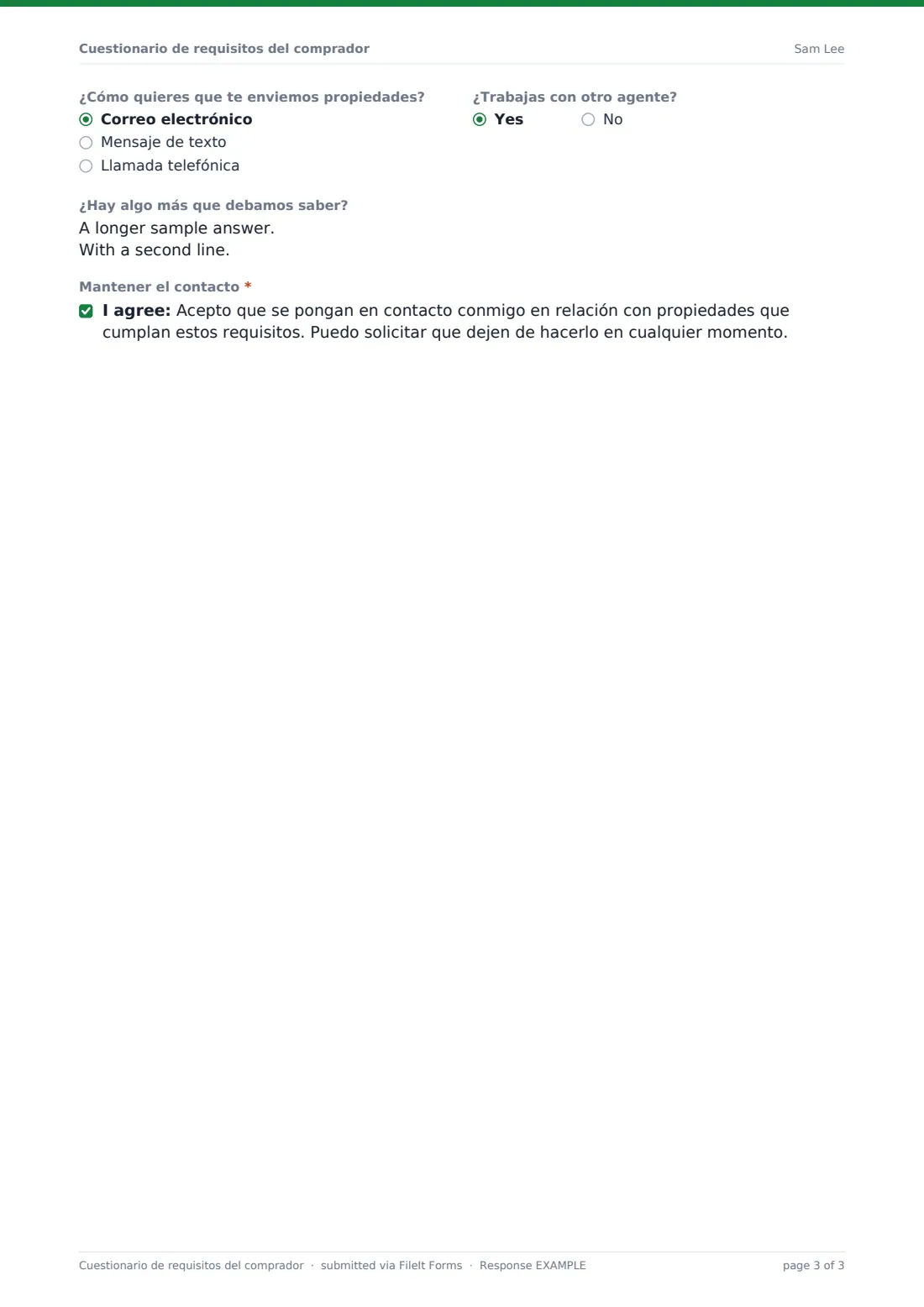 Cuestionario de requisitos del comprador — PDF de respuesta de ejemplo, página 3 de 3
