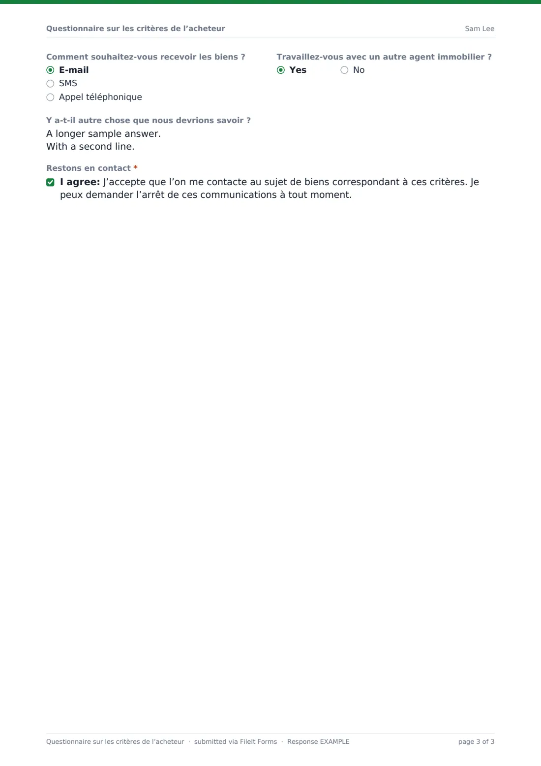 Questionnaire sur les critères de l’acheteur — exemple de réponse au format PDF, page 3 sur 3