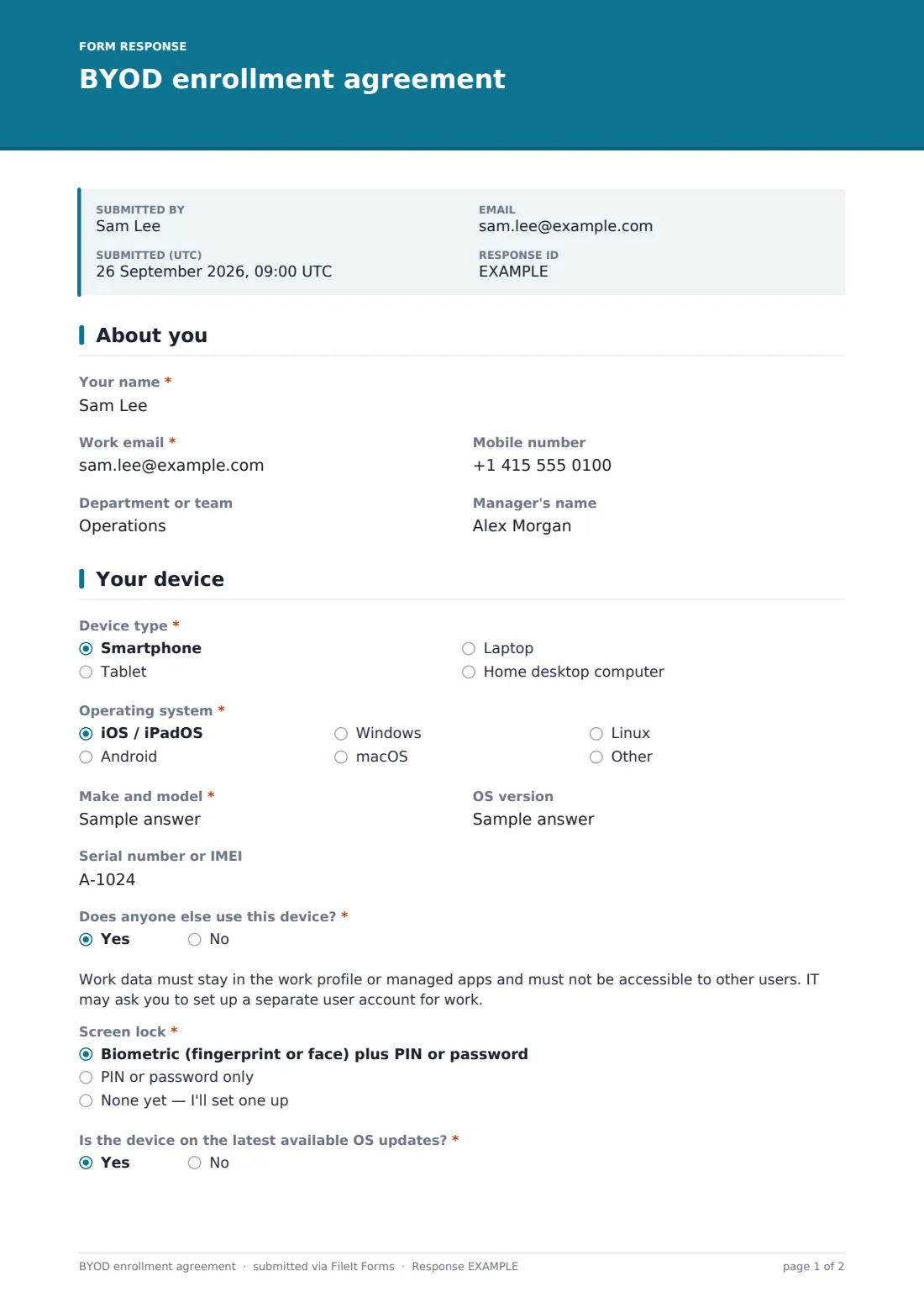 BYOD enrollment agreement — example response PDF, page 1 of 2