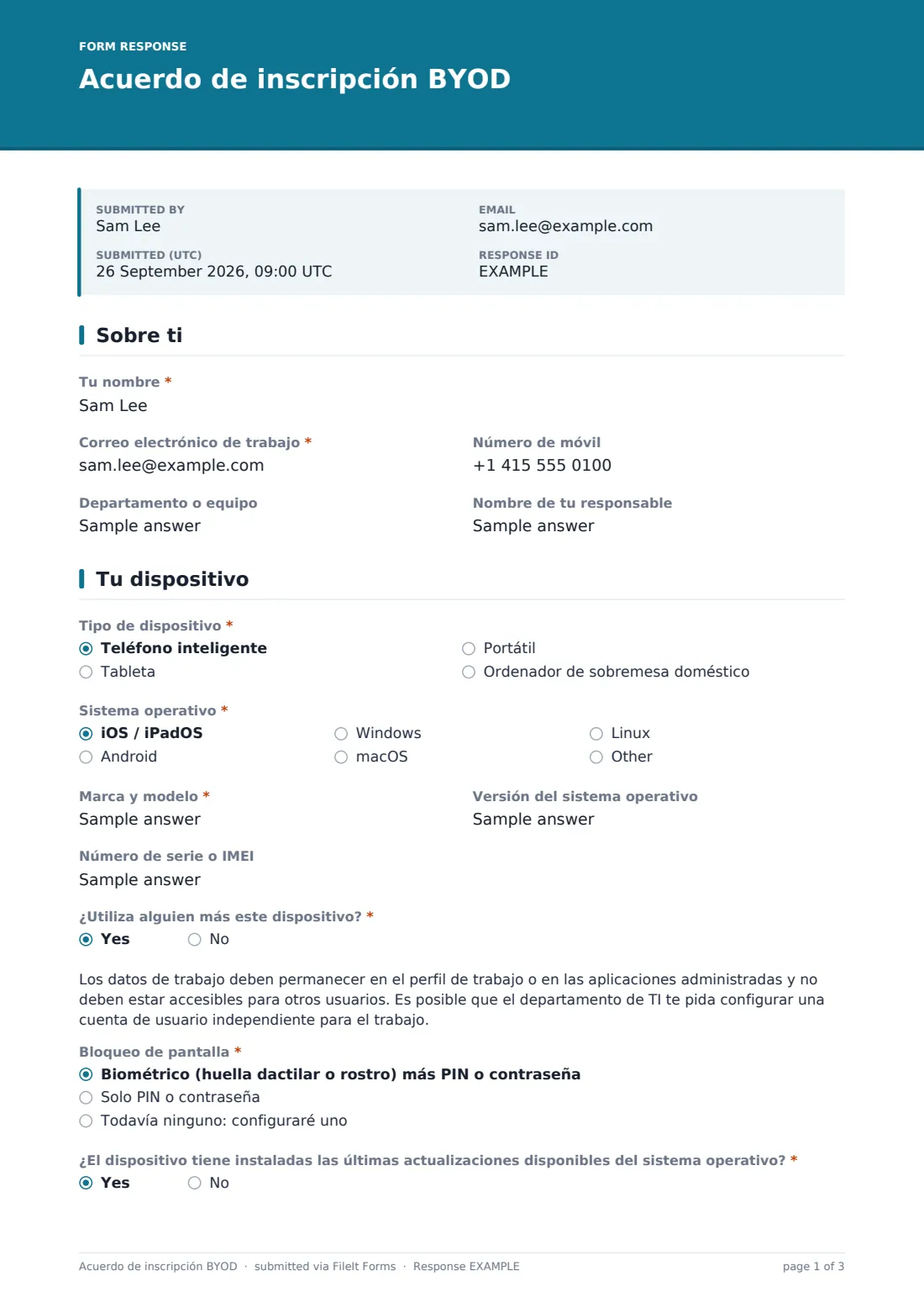 Acuerdo de inscripción BYOD — PDF de respuesta de ejemplo, página 1 de 3