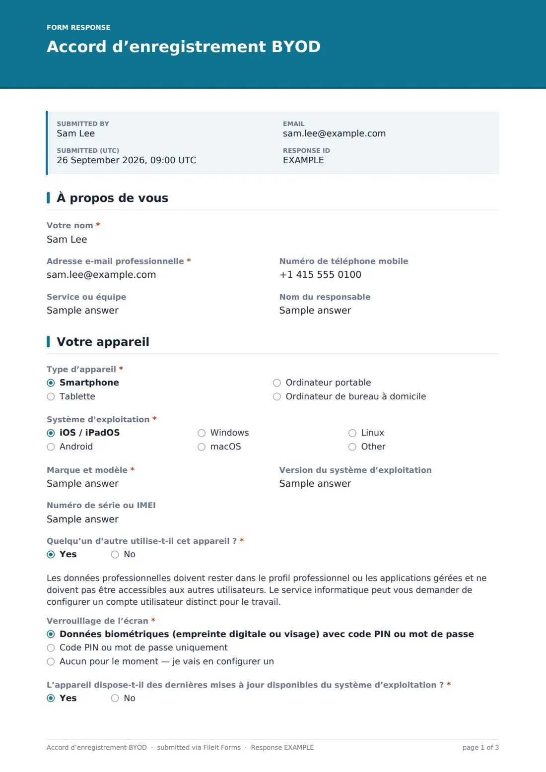 Accord d’enregistrement BYOD — exemple de réponse au format PDF, page 1 sur 3
