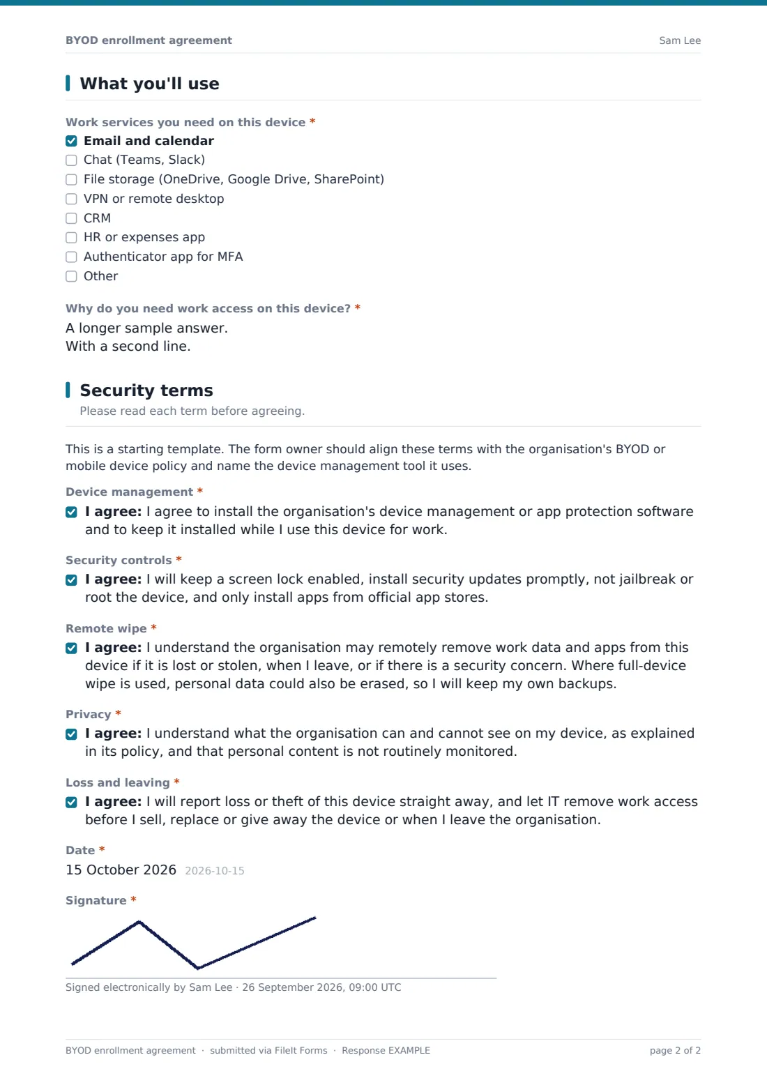 BYOD enrollment agreement — example response PDF, page 2 of 2