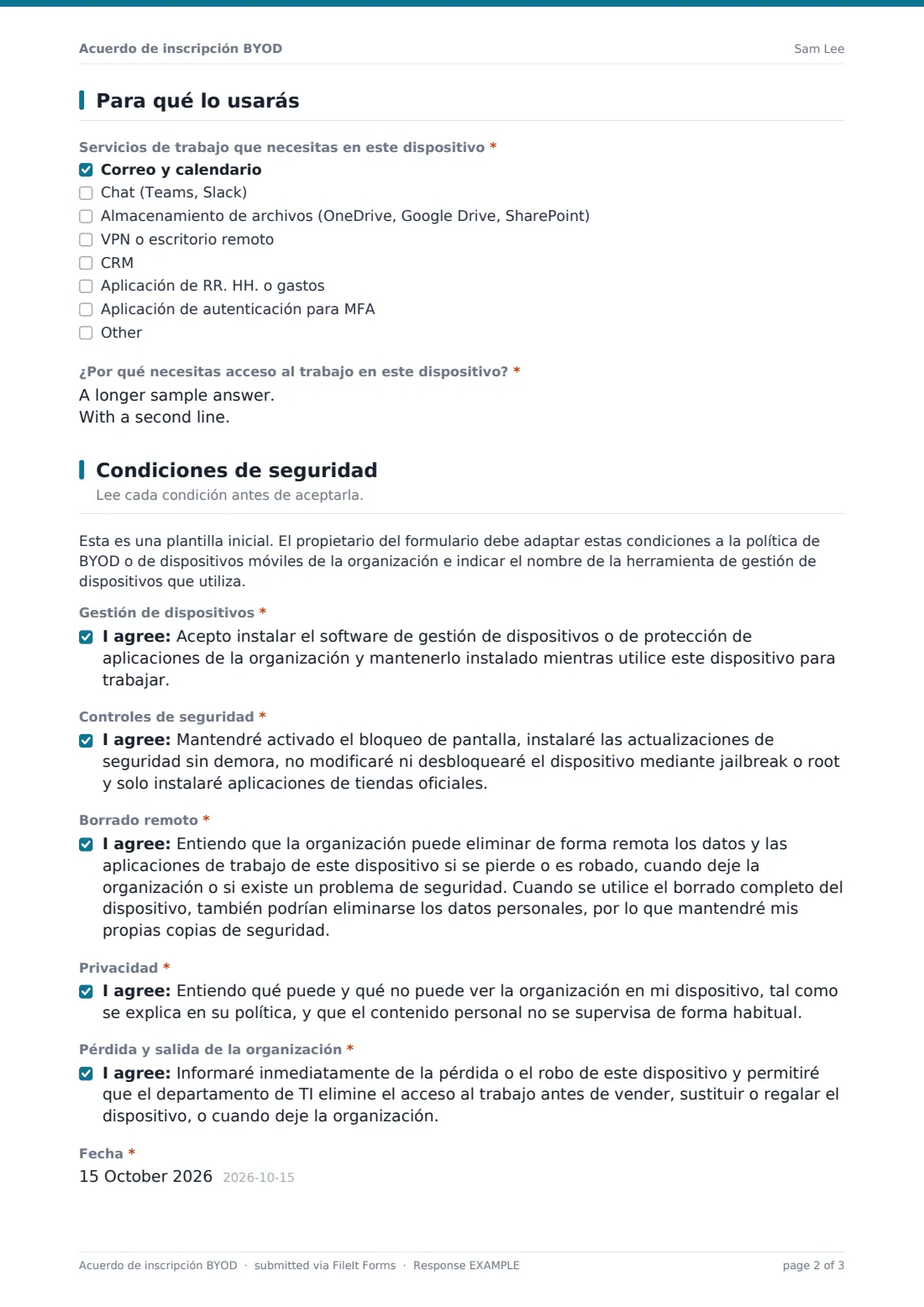 Acuerdo de inscripción BYOD — PDF de respuesta de ejemplo, página 2 de 3