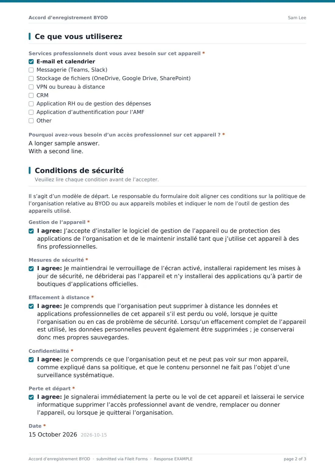 Accord d’enregistrement BYOD — exemple de réponse au format PDF, page 2 sur 3