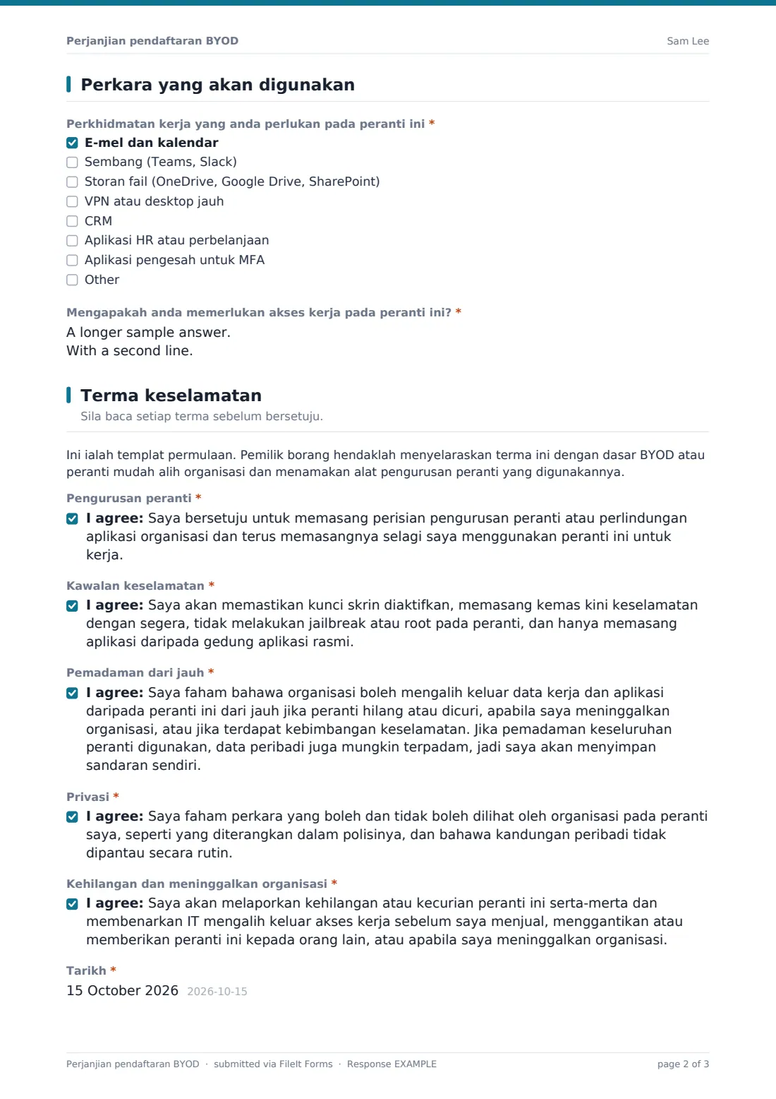 Perjanjian pendaftaran BYOD — PDF respons contoh, halaman 2 daripada 3