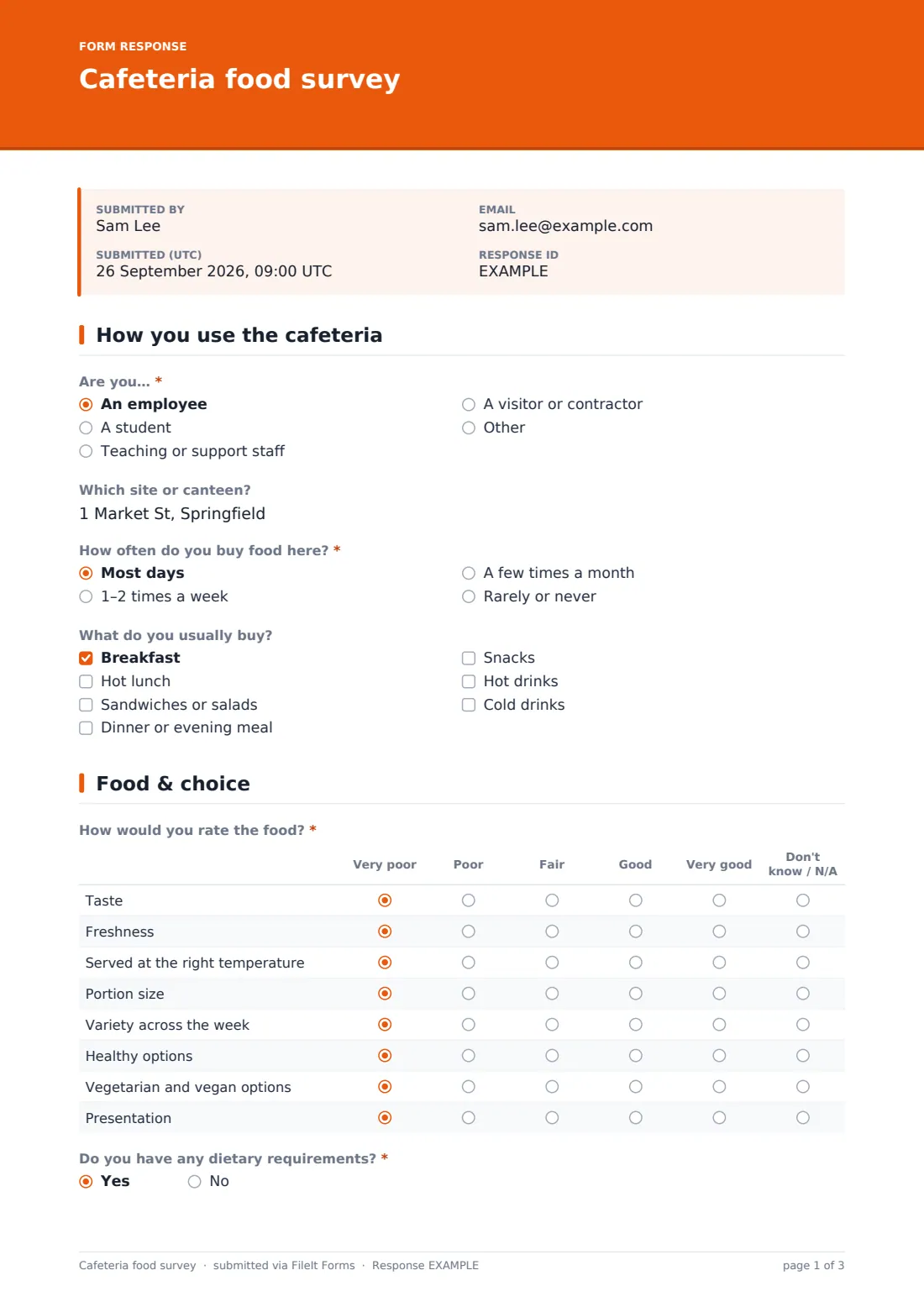 Cafeteria food survey — example response PDF, page 1 of 3