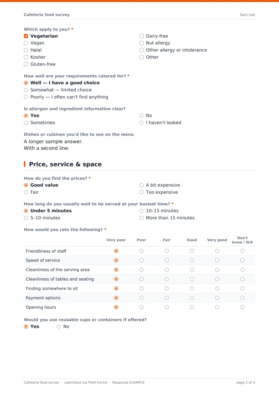 Cafeteria food survey — example response PDF, page 2 of 3