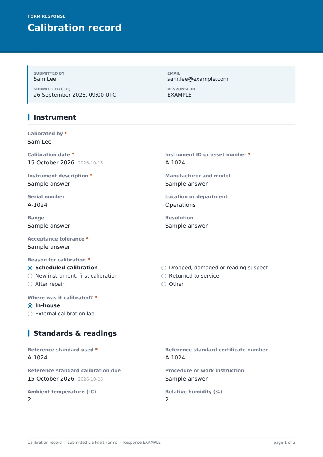 Calibration record — example response PDF, page 1 of 3