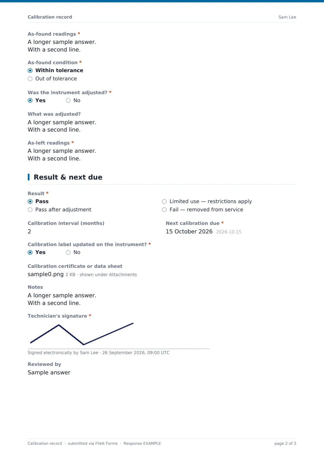Calibration record — example response PDF, page 2 of 3