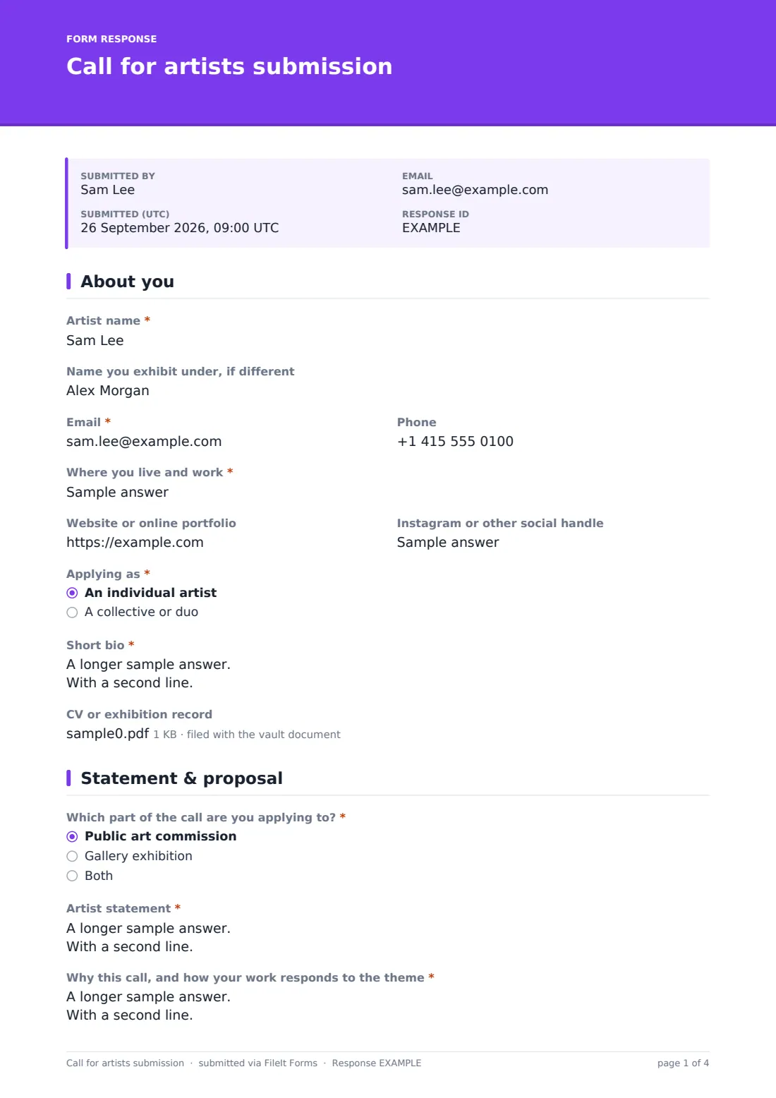 Call for artists submission — example response PDF, page 1 of 4