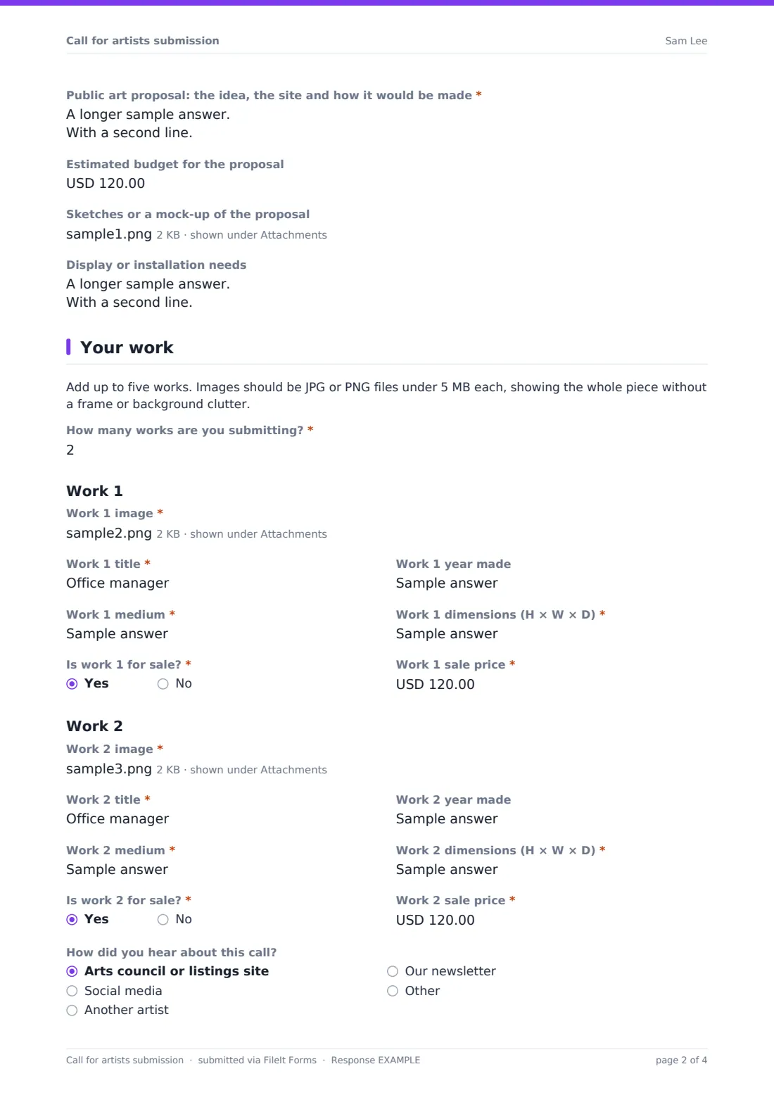 Call for artists submission — example response PDF, page 2 of 4