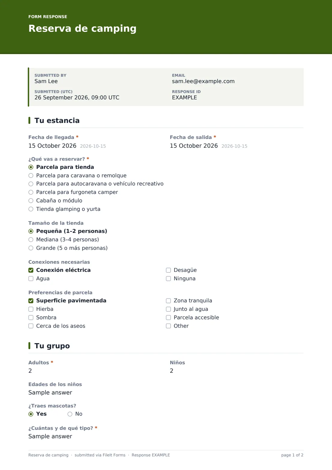 Reserva de camping — PDF de respuesta de ejemplo, página 1 de 2