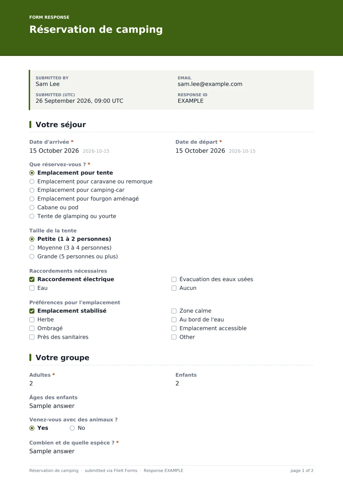Réservation de camping — exemple de réponse au format PDF, page 1 sur 2
