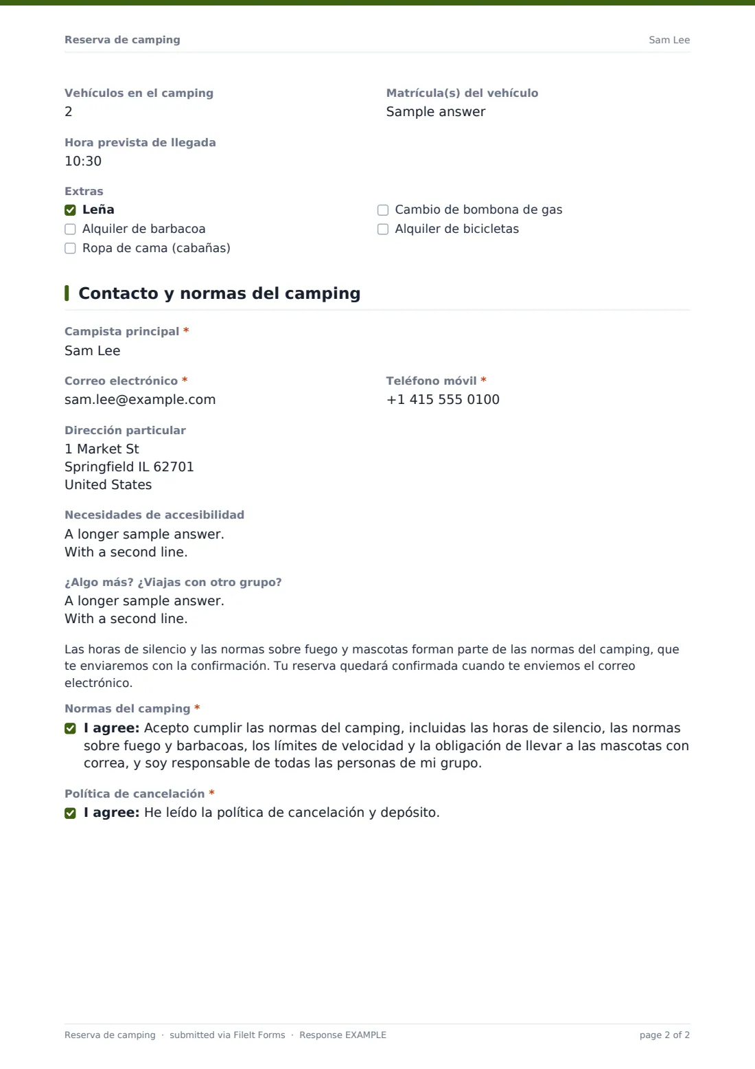 Reserva de camping — PDF de respuesta de ejemplo, página 2 de 2